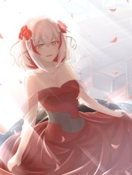 Rule 34 | 1girl, artist name, azur lane, bare shoulders, bench, blush, breasts, bride, collarbone, dress, flower, hair between eyes, hair flower, hair ornament, highres, large breasts, looking at viewer, multicolored hair, parted lips, petals, red dress, red hair, roon (azur lane), short hair, skirt hold, smile, solo, strapless, strapless dress, streaked hair, sunlight, two-tone hair, wedding dress, white hair, zakuromu
