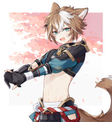 Rule 34 | 1boy, anchun (quail0503), animal ears, aqua eyes, armor, bandages, black gloves, brown hair, dog boy, dog ears, dog tail, eyeshadow, fang, genshin impact, gloves, gorou (genshin impact), hair between eyes, hair ornament, highres, hip vent, japanese armor, japanese clothes, looking at viewer, makeup, male focus, multicolored hair, open mouth, partially fingerless gloves, petals, red eyeshadow, simple background, skin fang, solo, stretching, tail, white hair