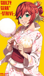 Rule 34 | 1girl, breasts, caramelized tomatoes, colored inner hair, cotton candy, floral print, green eyes, grin, guilty gear, guilty gear strive, guilty gear strive x tower records, hair between eyes, highres, jack-o&#039; valentine, japanese clothes, kimono, large breasts, long hair, long sleeves, looking at viewer, mature female, messy hair, multicolored hair, nail polish, official alternate costume, pink kimono, print kimono, red hair, red nails, sash, smile, standing, summer festival, white hair, yellow background, yukata