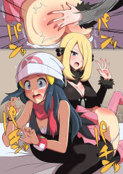 Rule 34 | 2girls, absurdres, ass, b-cheese, bare shoulders, beanie, blonde hair, blue eyes, blue hair, blush, boots, breasts, coat, creatures (company), cynthia (pokemon), dawn (pokemon), deep skin, from behind, game freak, green eyes, hair ornament, hair over one eye, hat, highres, large breasts, long hair, multiple girls, nintendo, open mouth, over knee, panties, panty pull, pokemon, pokemon dppt, red ass, shiny clothes, shiny skin, skirt, spanked, spanking, tears, translation request, underwear