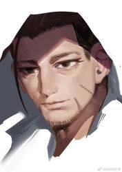 Rule 34 | 1boy, black eyes, black hair, commentary request, cropped shoulders, facial hair, facial scar, goatee, golden kamuy, hair slicked back, hair strand, highres, lips, male focus, midomido, ogata hyakunosuke, portrait, scar, scar on cheek, scar on face, short hair, sideburns, smile, solo, stitches, stubble, undercut