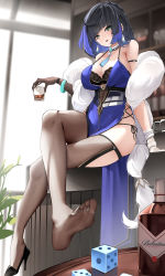 Rule 34 | 1girl, absurdres, adapted costume, alcohol, berserker r, black bra, black hair, blue hair, bottle, bra, bracelet, breasts, chinese clothes, chinese commentary, cup, diagonal bangs, dice, earrings, feather boa, feet, foot focus, genshin impact, green eyes, high heels, highres, holding, holding cup, jewelry, large breasts, lipstick, looking at viewer, makeup, mole, mole on breast, multicolored hair, pelvic curtain, pink lips, plant, pumps, shelf, shoes, short hair, side slit, single shoe, sitting, soles, solo, stiletto heels, tassel, thighs, toes, two-tone hair, underwear, yelan (genshin impact)