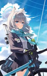 Rule 34 | 1girl, absurdres, animal ear fluff, animal ears, assault rifle, bag, bicycle, blue archive, blue eyes, blue jacket, blue scarf, blush, breast pocket, cross hair ornament, extra ears, gloves, green gloves, grey hair, gun, hair ornament, halo, highres, holding, id card, jacket, looking at viewer, medium hair, mismatched pupils, open clothes, open jacket, outdoors, plaid, plaid skirt, pleated skirt, pocket, rahy, rifle, scarf, school bag, school uniform, shiroko (blue archive), shirt, sig sauer 556, skirt, striped clothes, striped scarf, weapon, white shirt, wolf ears