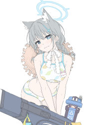 Rule 34 | 2girls, absurdres, animal ear fluff, animal ears, bare arms, bare legs, bare shoulders, bikini, black hair, blue archive, blue eyes, blush, braid, breasts, closed mouth, collarbone, cosplay, cowboy shot, cross hair ornament, extra ears, grey hair, hair ornament, highres, leaf print, long hair, looking at viewer, masabodo, medium breasts, miyu (blue archive), miyu (blue archive) (cosplay), miyu (swimsuit) (blue archive), multiple girls, navel, print bikini, shiroko (blue archive), simple background, swimsuit, trash can, twin braids, white background, white bikini, wolf ears