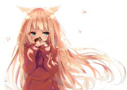 Rule 34 | 1girl, absurdres, animal ear fluff, animal ears, blonde hair, blush, box, commentary request, drawstring, floating hair, gift, gift box, green eyes, hamaru (s5625t), highres, holding, holding gift, hood, hood down, hoodie, long hair, long sleeves, original, red hoodie, simple background, sleeves past wrists, solo, tears, upper body, very long hair, white background
