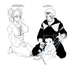 Rule 34 | 1girl, 2boys, baby, brother and sister, doll, facial mark, hand fan, highres, kankuro, korean text, monochrome, mother and son, multiple boys, nara shikadai, naruto, naruto (series), noeunjung93, puppet, quad tails, short hair, siblings, temari (naruto), translation request, twintails, uncle and nephew, very short hair