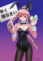 Rule 34 | 1girl, anchor symbol, animal ears, black bow, black bowtie, black leotard, black pantyhose, black ribbon, blue background, bow, bowtie, commentary request, contrapposto, cowboy shot, detached collar, fake animal ears, food, gradient background, hair ribbon, highres, ice cream, kantai collection, leotard, long hair, looking at viewer, orange eyes, pantyhose, parted lips, pink hair, playboy bunny, ponytail, purple background, rabbit ears, rabbit girl, ribbon, sign, smile, solo, strapless, strapless leotard, urushizawa takayuki, very long hair, wrist cuffs, yura (kancolle)