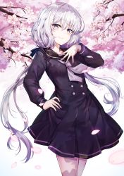 Rule 34 | 1girl, black dress, blue eyes, blush, buttons, cherry blossoms, double-breasted, dress, hair between eyes, hand on own hip, hand on own chest, hand up, highres, konno junko, long hair, looking at viewer, neckerchief, outdoors, school uniform, serafuku, silver hair, smile, solo, sunhyun, twintails, very long hair, white neckerchief, zombie land saga