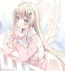Rule 34 | 1girl, alternate costume, angel wings, blonde hair, blue archive, blush, closed mouth, commentary, feathered wings, hairband, halo, highres, leaning forward, light smile, long hair, looking at viewer, mizuki toko, nagisa (blue archive), pajamas, pink pajamas, railing, sidelocks, snowing, solo, steepled fingers, very long hair, wings, yellow eyes