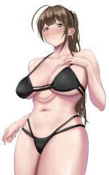 Rule 34 | 1girl, absurdres, ahoge, bikini, black bikini, blush, breasts, brown eyes, brown hair, collarbone, cropped legs, hand on own chest, highres, huge ahoge, idolmaster, idolmaster shiny colors, kuwayama chiyuki, large breasts, looking down, multi-strapped bikini, out type (outtypeex), ponytail, solo, stomach, strap gap, swimsuit, white background