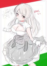 Rule 34 | 1girl, absurdres, breasts, brown eyes, cleavage, cleavage cutout, clothing cutout, commentary request, conte di cavour (kancolle), conte di cavour nuovo (kancolle), corset, dress, feet out of frame, frilled dress, frills, gloves, gundam, highres, kantai collection, kapool, large breasts, layered dress, long hair, shamo (ptwmjgda), silver hair, solo, turn a gundam, two side up, white dress, white gloves