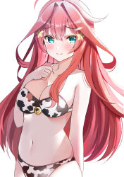 Rule 34 | 1girl, absurdres, ahoge, animal print, bikini, blue eyes, breasts, cleavage, commentary request, cow print, cowboy shot, go-toubun no hanayome, hair ornament, highres, long hair, looking at viewer, medium breasts, nakano itsuki, navel, red hair, rei (ilust9999), simple background, solo, star (symbol), star hair ornament, strapless, strapless bikini, swimsuit, white background