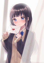 Rule 34 | 1girl, absurdres, beacha, black hair, blazer, blue bow, blue bowtie, blue eyes, blush, bow, bowtie, brown sweater, confession, curtains, day, envelope, frown, highres, holding, holding envelope, indoors, jacket, long hair, looking at viewer, original, school uniform, standing, sweater, upper body, very long hair
