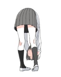 Rule 34 | 1girl, bent over, black eyes, black socks, bob cut, closed mouth, commentary, disembodied head, expressionless, from behind, full body, grey hair, grey skirt, holding head, kneehighs, kneepits, long sleeves, looking up, mary janes, original, pleated skirt, school uniform, shirt, shoes, shokugyo, short hair, simple background, skirt, socks, solo, white background, white footwear, white shirt