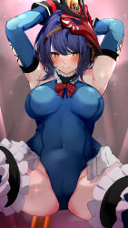 Rule 34 | 1girl, absurdres, armpits, arms behind head, arms up, bird mask, black hair, blue gloves, blue leotard, breasts, cosplay, covered navel, dead or alive, dead or alive 5, elbow gloves, frilled leotard, frilled one-piece swimsuit, frills, genshin impact, gloves, highleg, highleg leotard, highres, kujou sara, large breasts, leotard, looking at viewer, marie rose, marie rose (cosplay), mask, mask on head, one-piece swimsuit, raru (nanaharararu), short hair, solo, swept bangs, swimsuit, thighhighs, thighs, yellow eyes