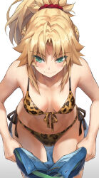 Rule 34 | 1girl, animal print, bare shoulders, bikini, blonde hair, blush, braid, breasts, clothes pull, collarbone, fate/apocrypha, fate (series), french braid, front-tie bikini top, front-tie top, green eyes, hair ornament, hair scrunchie, highres, jewelry, leopard, leopard print, long hair, looking down, medium breasts, mordred (fate), necklace, pants, pants pull, ponytail, red scrunchie, scrunchie, side-tie bikini bottom, sidelocks, solo, swimsuit, tonee