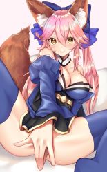 Rule 34 | 10s, 1girl, absurdres, animal ear fluff, animal ears, ass, bad id, bad pixiv id, bare shoulders, blue bow, blue kimono, blue sleeves, blue thighhighs, blush, bow, breasts, brown hair, cleavage, closed mouth, commentary request, covering privates, covering crotch, detached sleeves, fang, fang out, fate/extra, fate (series), fingernails, fox ears, fox girl, fox tail, hair between eyes, hair bow, head tilt, highres, japanese clothes, kimono, large breasts, long hair, long sleeves, nekomiya noru (yuduki710), pink hair, sleeves past wrists, smile, solo, strapless, tail, tail raised, tamamo (fate), tamamo no mae (fate/extra), thighhighs, very long hair