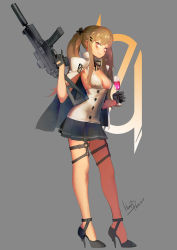 Rule 34 | 1girl, 404 logo (girls&#039; frontline), alcohol, alternate costume, armpits, black bow, black gloves, black ribbon, blush, bow, breasts, brown hair, buttons, champagne flute, cleavage, cup, dated, double-breasted, drinking glass, girls&#039; frontline, gloves, grey background, gun, h&amp;k ump, h&amp;k ump, hair between eyes, hair bow, hair ornament, hair ribbon, hairclip, half gloves, halterneck, heckler &amp; koch, henry davis, high heels, highres, holding, holding cup, holding drinking glass, holding gun, holding weapon, long hair, looking at viewer, magazine (weapon), medium breasts, miniskirt, no bra, o-ring, pleated skirt, red eyes, ribbon, scar, scar across eye, scar on face, sideboob, sidelocks, signature, simple background, skirt, smile, solo, submachine gun, suppressor, thigh strap, trigger discipline, twintails, ump9 (girls&#039; frontline), underbust, weapon