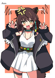 1girl absurdres anger_vein animal_ears arknights artist_name belt black_jacket blush border braid breasts brown_hair claw_pose cleavage collar commentary_request cowboy_shot dress fang fur-trimmed_jacket fur_trim hair_ornament hairclip hendra highres jacket jewelry long_sleeves looking_at_viewer lunacub_(arknights) medium_breasts medium_hair off_shoulder open_mouth orange_background pendant short_dress side_braid simple_background solo standing tail thigh_strap white_border white_dress wolf_ears wolf_girl wolf_tail yellow_eyes