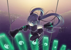 Rule 34 | 1girl, bare shoulders, black footwear, black gloves, black shirt, black skirt, blue eyes, blue hair, boots, breasts, city lights, closed mouth, collared shirt, detached sleeves, female focus, full body, gloves, hatsune miku, headphones, heibonkaeru, holding, hologram, long hair, long sleeves, looking at viewer, medium breasts, megaphone, necktie, ocean, outdoors, outstretched arm, purple necktie, see-through, shirt, shore, skirt, sleeveless, sleeveless shirt, smile, solo, stairs, thigh boots, thighhighs, twintails, very long hair, vocaloid, water, wing collar, zettai ryouiki