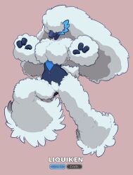 Rule 34 | 1girl, absurdres, alternate species, arms up, big hair, blaziken, blue fur, body fur, breasts, character name, covered eyes, creatures (company), english text, female focus, fluffy, full body, furry, furry female, fusion, game freak, gen 3 pokemon, hair over eyes, highres, hitmanatee, jumping, large breasts, leg up, long hair, multicolored fur, navel, nintendo, open mouth, pink background, pokemon, pokemon (creature), simple background, solo, stomach, tail, white fur, white hair