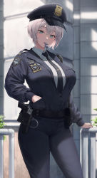 Rule 34 | 1girl, absurdres, artist name, black necktie, black pants, blue eyes, blurry, blurry background, collared shirt, cowboy shot, crossed bangs, cuffs, day, gun, hair between eyes, hand in pocket, hat, highres, holster, looking at viewer, necktie, original, outdoors, pants, pigone, police, police hat, police uniform, shirt, short hair, silver hair, solo, standing, sunlight, uniform, weapon, whistle, white shirt