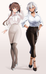 Rule 34 | 2girls, absurdres, alternate costume, belt, black nails, black pants, blush, breasts, buttons, cleavage, closed mouth, collarbone, commentary request, dark-skinned female, dark skin, dress shirt, fingernails, formal, full body, glasses, gradient background, hair ornament, hand on own hip, hand up, high-waist pants, high heels, highres, kantai collection, lips, long hair, looking at viewer, mature female, medium breasts, multiple girls, musashi (kancolle), musashi kai ni (kancolle), nail polish, pants, pantyhose, red eyes, shadow, shirt, silver hair, simple background, skirt, sleeves rolled up, smile, standing, striped, suit, vertical stripes, yamato (kancolle), yunamaro