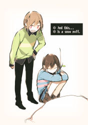 Rule 34 | :d, androgynous, arm at side, black footwear, black hair, black pants, blue shorts, blush, blush stickers, boots, brown footwear, brown hair, chara (undertale), comic, english text, frisk (undertale), gender request, hand on own hip, leaf, long sleeves, looking at another, mii (chibinomi), open mouth, pants, red eyes, shirt, shorts, smile, snow, spoilers, standing, stick, striped clothes, striped shirt, sweater, undertale