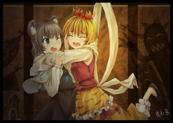Rule 34 | 2girls, absurdres, animal ears, bad id, bad pixiv id, basket, blonde hair, blue eyes, blush, capelet, dress, closed eyes, female focus, framed, glomp, grey hair, hair ornament, hand on another&#039;s face, highres, hood, hoodie, hug, jewelry, lace, long sleeves, mouse ears, mouse tail, multiple girls, nazrin, necklace, open mouth, oto taku, pendant, pendulum, short hair, signature, smile, tail, toramaru shou, touhou, yinzhai