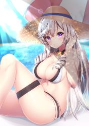 Rule 34 | 1girl, algerie (azur lane), algerie (white sand paradise) (azur lane), algerie (white sand paradise) (azur lane), azur lane, bikini, breasts, brown bikini, drill hair, flower, hat, hat flower, highres, large breasts, long hair, looking at viewer, multi-strapped bikini, multiple straps, nagi aoi, purple eyes, shadow, solo, straw hat, summer, swimsuit, twin drills, two-tone bikini, water, white bikini, white hair