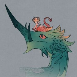 Rule 34 | animal, animal focus, animal on head, artist name, azdaja (ff14), brother and sister, dated, dragon, eye contact, feathered wings, final fantasy, final fantasy xiv, from side, grey background, highres, horns, looking at another, no humans, on head, profile, red eyes, shuini xiaomao, siblings, simple background, size difference, tail, tusks, vrtra, wings
