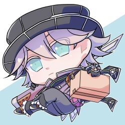Rule 34 | 1boy, black hat, blue background, blue eyes, box, cardboard box, chibi, closed mouth, coat, commentary request, gunblade, hat, highres, holding, holding box, holding weapon, hummel (ys), male focus, momoiro sango, purple coat, purple hair, simple background, solo, two-tone background, weapon, white background, ys, ys viii lacrimosa of dana