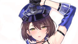 Rule 34 | 1girl, arm up, armpits, azur lane, baltimore (azur lane), baltimore (finish line flagbearer) (azur lane), blush, braid, brown hair, halcon, hat, looking at viewer, navel, on bed, open mouth, race queen, short hair, single braid, solo, thighs, upper body