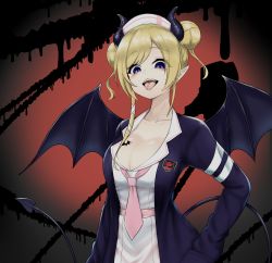 Rule 34 | 1girl, alternate costume, asymmetrical hair, bad id, bad pixiv id, bat wings, black background, blonde hair, blue eyes, blue jacket, blush, breasts, cleavage, commentary, cowboy shot, demon horns, demon tail, double bun, eyes visible through hair, forked tongue, hair bun, hand in pocket, hat, highres, hololive, horns, jacket, large breasts, looking at viewer, lunch boxer, medium hair, necktie, nurse cap, open clothes, open jacket, open mouth, parted bangs, piercing, pink necktie, plunging neckline, pointy ears, red background, shirt, short necktie, side bun, simple background, single side bun, solo, tail, tongue, tongue piercing, two-tone background, virtual youtuber, white hat, white shirt, wings, yuzuki choco, yuzuki choco (nurse)