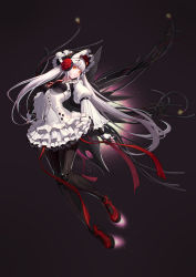 Rule 34 | 1girl, absurdres, boots, cable, closed mouth, cyborg, dress, dungeon and fighter, expressionless, fingerless gloves, floating, gloves, highres, j ang, long hair, long sleeves, maid, maid headdress, mechanical legs, metal wings, silver luster tagore, solo, twintails, white dress, white hair