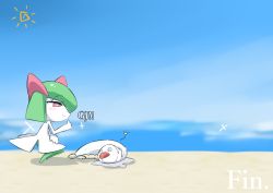 Rule 34 | 1girl, @ @, beach, blue background, blue sky, blurry, blurry background, bright pupils, closed mouth, colored skin, creatures (company), day, english text, female focus, flat chest, french text, from side, full body, furry, game freak, gen 3 pokemon, green hair, green skin, hair over one eye, half-closed eyes, hand up, happy, highres, horizon, kirlia, looking at another, looking down, m3 (gardevoir m3), mixed-language text, multicolored skin, nintendo, ocean, one eye covered, outdoors, pokemon, pokemon (creature), pussy juice, red eyes, sand, short hair, sidelocks, sky, smile, sparkle, squatting, sun, thumbs up, translated, two-tone skin, white pupils, white skin, wiglett