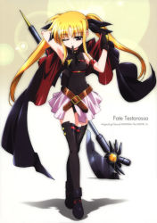 Rule 34 | 10s, 1girl, absurdres, aged down, ankle boots, arm behind head, arm up, armband, armpits, bardiche (axe form) (nanoha), bardiche (nanoha), bare shoulders, belt, belt bra, belt skirt, black gloves, black thighhighs, blonde hair, boots, breasts, cape, character name, copyright name, covered navel, crossed legs, dressing, fate testarossa, fate testarossa (movie 1st form), full body, gem, glint, gloves, gradient background, hair ribbon, halberd, halterneck, highres, lens flare, leotard, long hair, looking at viewer, lyrical nanoha, mahou shoujo lyrical nanoha, mahou shoujo lyrical nanoha the movie 1st, megami magazine, miniskirt, mouth hold, official art, okuda yasuhiro, one eye closed, open clothes, open skirt, parted bangs, pleated skirt, polearm, red eyes, ribbon, scan, shadow, sidelocks, skirt, small breasts, solo, standing, thigh gap, thighhighs, twintails, very long hair, watson cross, weapon, wink, zettai ryouiki