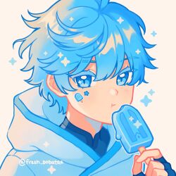 Rule 34 | + +, 1boy, artist name, blue eyes, blue hair, child, chinese clothes, chongyun (genshin impact), closed mouth, commentary, emily kim, english commentary, food, genshin impact, highres, male focus, popsicle, short hair, simple background, solo, sparkle, sticker, white background