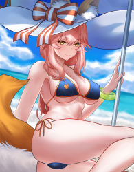 Rule 34 | 1girl, absurdres, animal ear fluff, animal ears, ass, beach, bikini, blue bikini, blue sky, blush, bracelet, breasts, fate/grand order, fate (series), fox ears, fox girl, fox tail, hat, highres, jewelry, large breasts, long hair, looking at viewer, ocean, pink hair, shirt, shore, short sleeves, sidelocks, sky, smile, solo, straw hat, swimsuit, tail, tamamo (fate), tamamo no mae (fate/extra), tamamo no mae (swimsuit lancer) (fate), tamamo no mae (swimsuit lancer) (third ascension) (fate), thighs, white shirt, yellow eyes, yong le tong bao