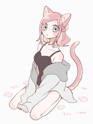 Rule 34 | 1girl, animal ears, blush stickers, braid, camisole, cat ears, cat girl, cat tail, full body, grey eyes, hair ornament, hairclip, highres, hood, hoodie, long hair, looking at viewer, maco22, off shoulder, open mouth, original, sitting, solo, tail, tank top, wariza