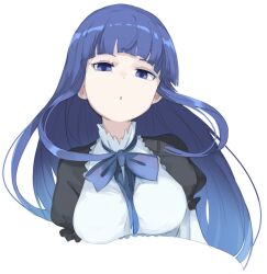 Rule 34 | 1girl, black dress, blue bow, blue bowtie, blue eyes, blue hair, blunt bangs, bow, bowtie, breasts, dress, frederica bernkastel, highres, large breasts, lolita fashion, long hair, looking at viewer, non-web source, parted lips, sidelocks, simple background, solo, umineko no naku koro ni, upper body, usuaji, white background, witch