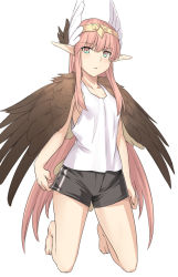 Rule 34 | 1girl, barefoot, black shorts, blue eyes, brown wings, circe (fate), collarbone, fate/grand order, fate (series), feathered wings, full body, hairband, head wings, kneeling, long hair, looking at viewer, pink hair, pointy ears, shirt, shiseki hirame, short shorts, shorts, simple background, sleeveless, sleeveless shirt, solo, very long hair, white background, white shirt, wings, yellow hairband