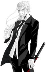 Rule 34 | 1boy, beard, black necktie, black pants, black suit, facial hair, formal, golden kamuy, graton, greyscale, hijikata toshizou (golden kamuy), katana, long hair, looking at viewer, male focus, monochrome, necktie, old, old man, pants, sheath, sheathed, simple background, solo, spot color, standing, suit, sword, veins, veiny hands, weapon, white background, white hair