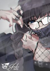 Rule 34 | 1girl, bad id, bad twitter id, belt, black-framed eyewear, black nails, blue eyes, blue jacket, braid, brown hair, cigarette, commission, covered mouth, dated, earrings, fingernails, glasses, hand up, head tilt, highres, holding, holding cigarette, jacket, jewelry, long hair, looking at viewer, nail polish, opaque glasses, open clothes, open jacket, original, partially opaque glasses, safety pin, samei ikusa, skeb commission, smoke, solo, twin braids, upper body