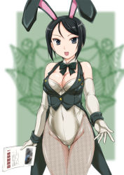 Rule 34 | 10s, 1girl, animal ears, bare shoulders, black bow, black bowtie, black eyes, black hair, bow, bowtie, breasts, buttons, chouno ami, cleavage, coattails, covered navel, cowboy shot, cropped legs, detached collar, elbow gloves, fake animal ears, female focus, fishnet pantyhose, fishnets, girls und panzer, gloves, grey gloves, groin, highres, holding, leotard, looking at viewer, open mouth, pantyhose, playboy bunny, rabbit ears, short hair, sleeveless, smile, solo, thigh gap, vest, wan&#039;yan aguda, wrist cuffs