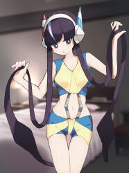 Rule 34 | 1girl, bare arms, bedroom, bike shorts, black hair, blunt bangs, blurry, blurry background, breasts, bright pupils, commentary request, creatures (company), cropped shirt, elesa (pokemon), game freak, grey eyes, hair lift, hands up, headphones, highres, indoors, lifted by self, looking at viewer, medium breasts, navel, nintendo, parted lips, pokemon, pokemon bw2, r (user pzzt2437), shirt, short hair with long locks, sleeveless, sleeveless shirt, solo, standing, white pupils