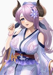 Rule 34 | 1girl, absurdres, blue eyes, breasts, demon horns, draph, granblue fantasy, hair over one eye, hassy (97197257), highres, horns, japanese clothes, kimono, large breasts, light purple hair, long hair, looking at viewer, low tied hair, narmaya (granblue fantasy), official alternate costume, ponytail, purple hair, solo, white background, white kimono