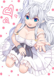 Rule 34 | 1girl, animal ears, blush, breasts, cleavage, dress, extra ears, eyebrows hidden by hair, fenrys, frilled dress, frills, grey choker, hand on own leg, heart, large breasts, long hair, lv2 kara cheat datta moto yuusha kouho no mattari isekai life, o-ring strap, open mouth, outstretched hand, pointy ears, seiza, simple background, sitting, smile, solo, strap slip, teeth, tukino neru, upper teeth only, very long hair, white dress, white hair, wolf ears