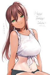 Rule 34 | 1girl, arm support, bare arms, bare shoulders, blush, breasts, character name, closed mouth, collarbone, crossed bangs, dated, denim, denim shorts, english text, eyebrows hidden by hair, floating hair, fukumoto ichika, green eyes, grey shorts, hair between eyes, head tilt, high ponytail, highres, large breasts, long bangs, long hair, looking at viewer, midriff, narrowed eyes, navel, official art, one-piece tan, ponytail, shirt, short shorts, shorts, simple background, sitting, sleeves pushed up, slow loop, smile, solo, stomach, tan, tanline, tied shirt, translation request, uchino maiko, white background