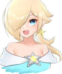 Rule 34 | 1girl, aqua dress, aqua eyes, bare shoulders, blonde hair, blue eyes, blush stickers, brooch, closed mouth, collarbone, commentary, cropped torso, dress, earrings, hair over one eye, highres, jewelry, long hair, looking at viewer, mario (series), nintendo, off-shoulder dress, off shoulder, one eye covered, rosalina, simple background, solo, star (symbol), star brooch, star earrings, super mario galaxy, tomatomiya, upper body, white background